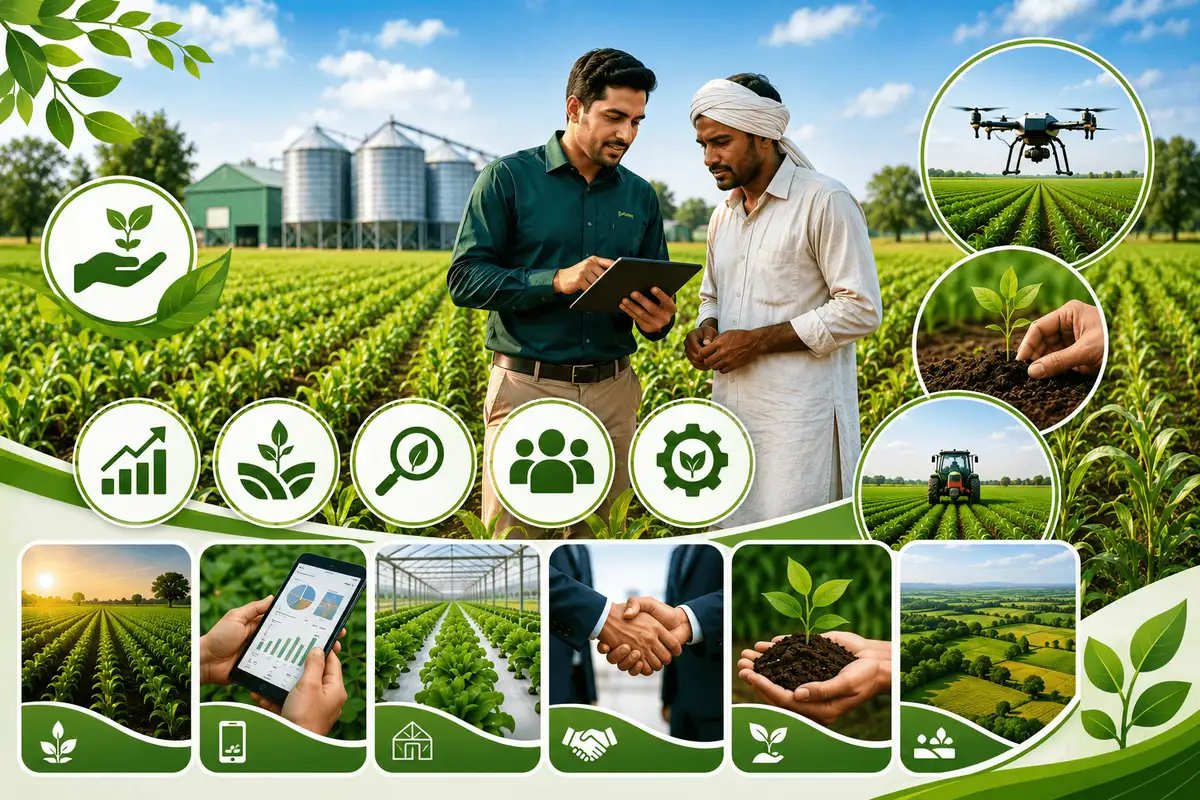 Agricultural consultant advising a farmer in a crop field with digital farming visuals, representing corporate agriculture planning and advisory services.
